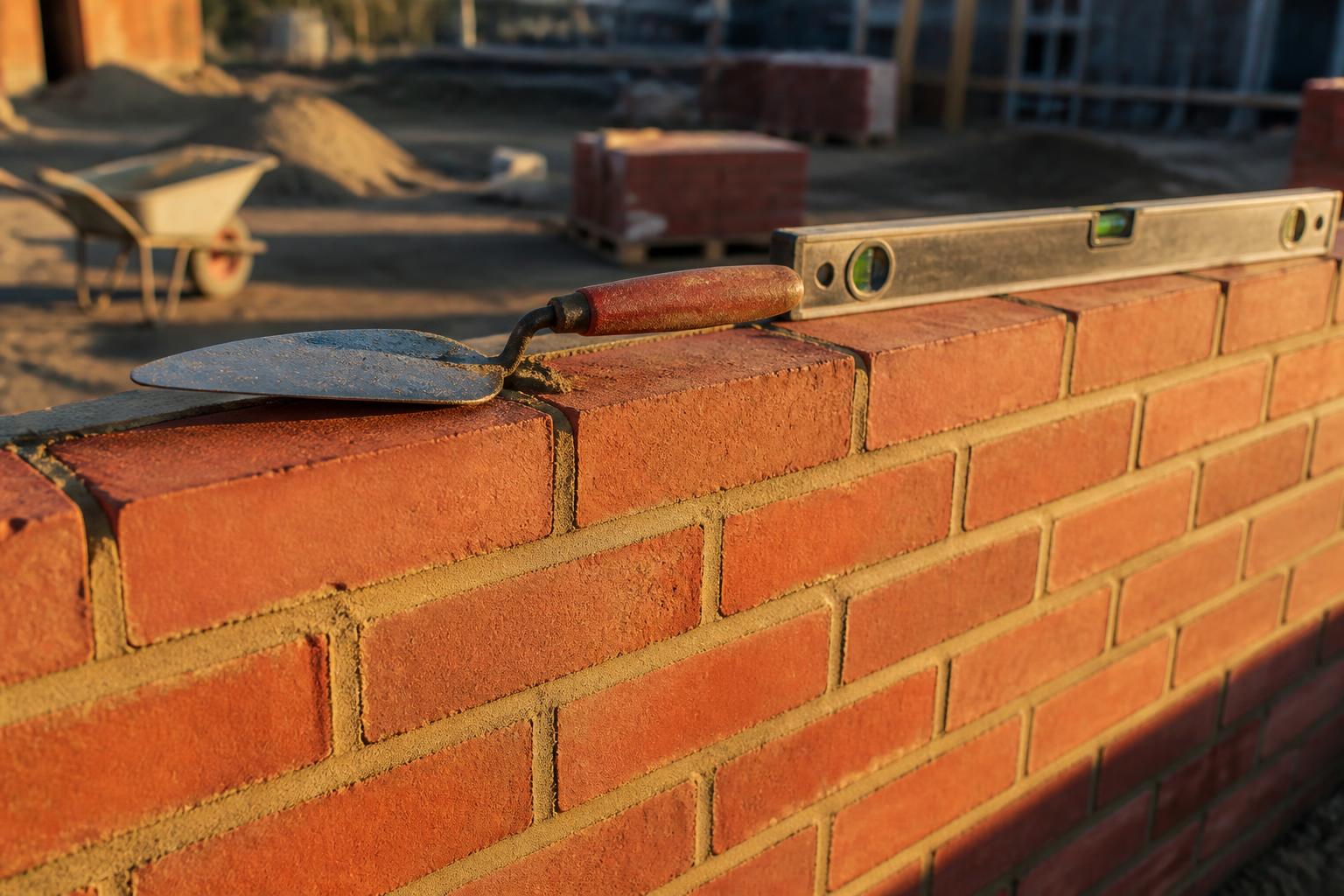 Close-up of red-brick wall under construction with trowel and spirit level on the top course — RG brickwork