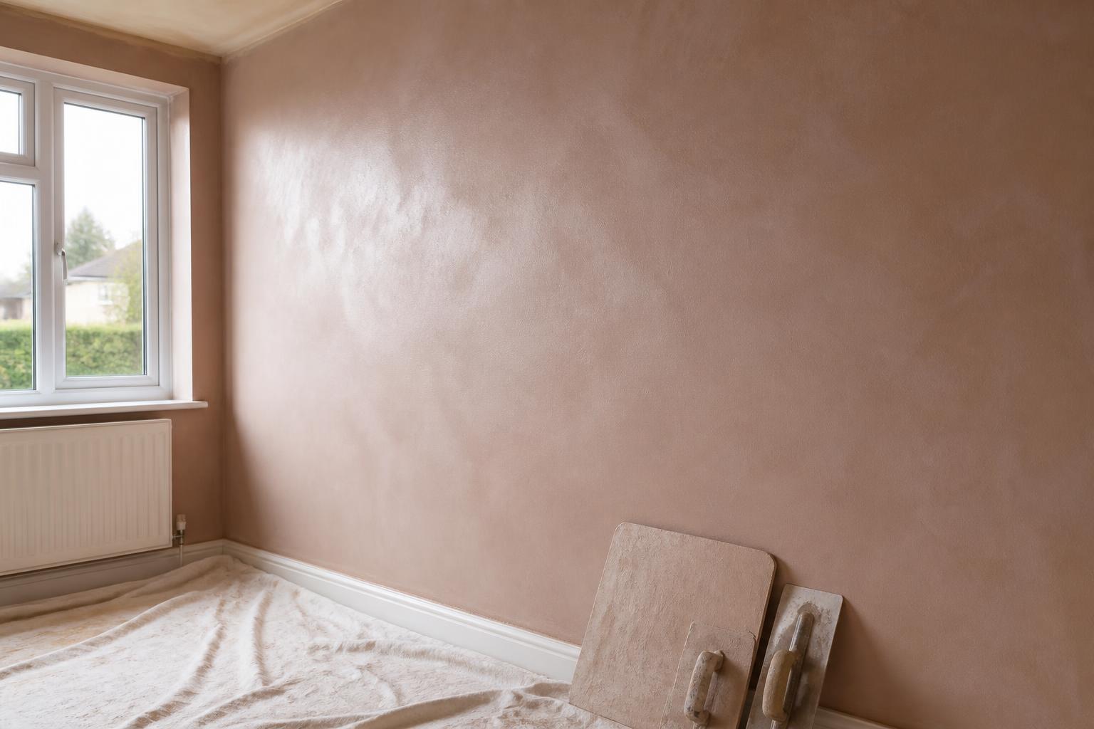 Freshly skim-plastered interior wall with plasterer's hawk and trowel resting on a clean dust sheet — RG plastering