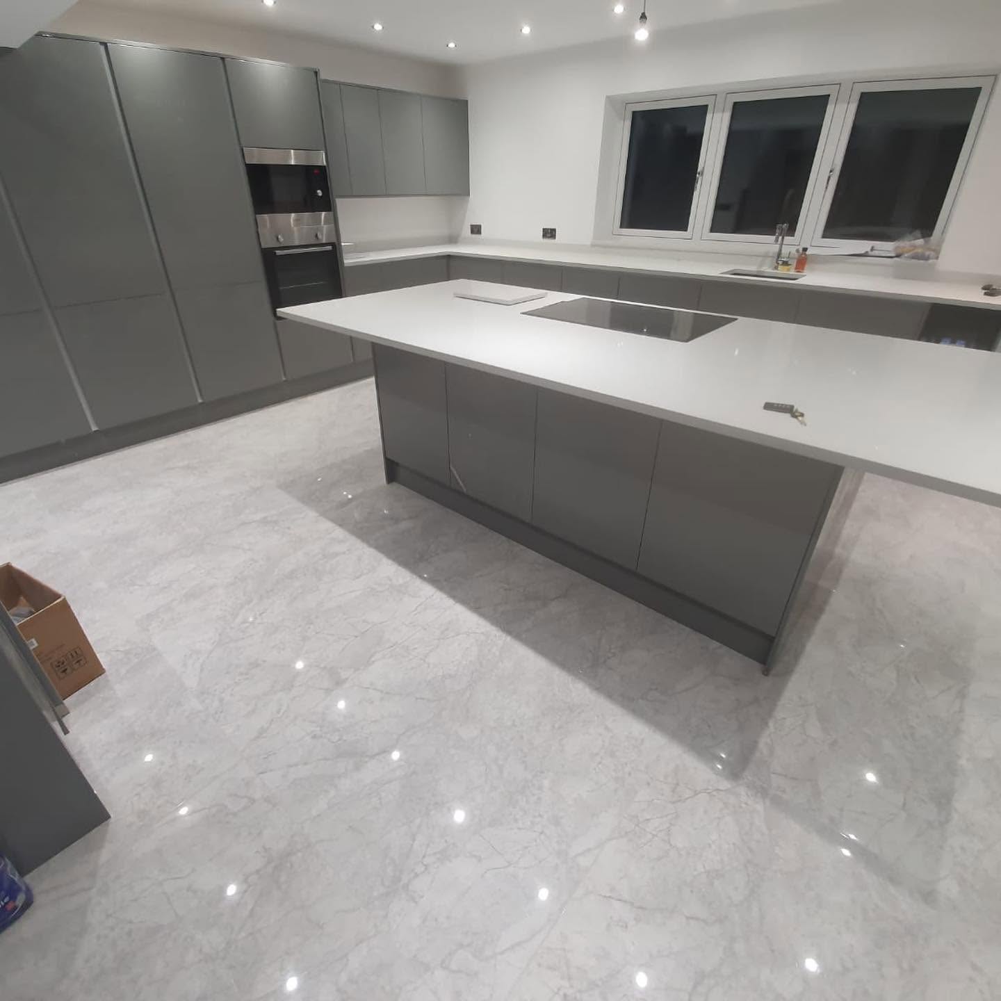 Grey kitchen with island and quartz worktop — RG Lancashire